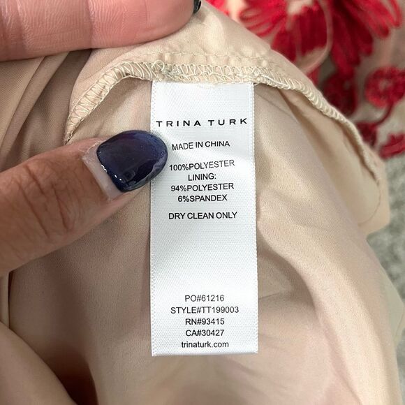 Trina Turk Dress Women’s 2 Red & Beige Floral Embroidered Bell Sleeve Sheath - Picture 7 of 11